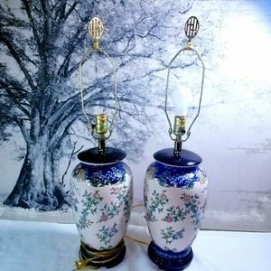 2 Vintage Chinese Ginger Jar Ceramic Lamps, Hand Painted w/ Teak Wood Base